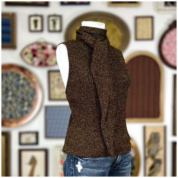 Ganni Metallic Rib Knit Tie Back Top Womens Size XL Gold Black NWT Retail $ 225 - Picture 11 of 16